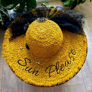 👒Italian Leather flowers Chic Yellow Summer Hat with Black Bow